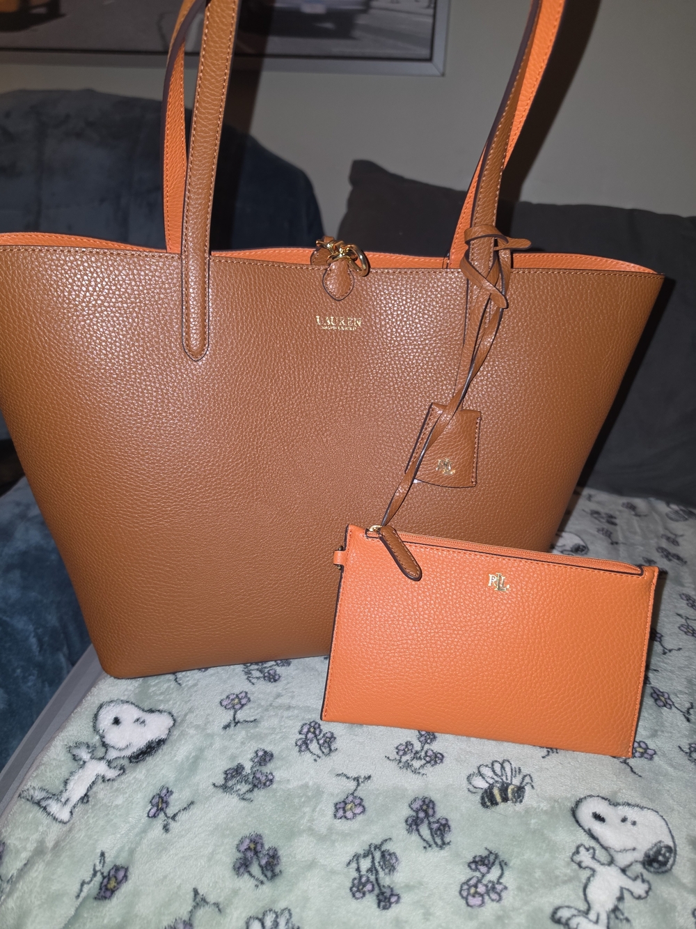 Lauren Ralph Lauren Brown & Orange Reversible Tote with Pouch